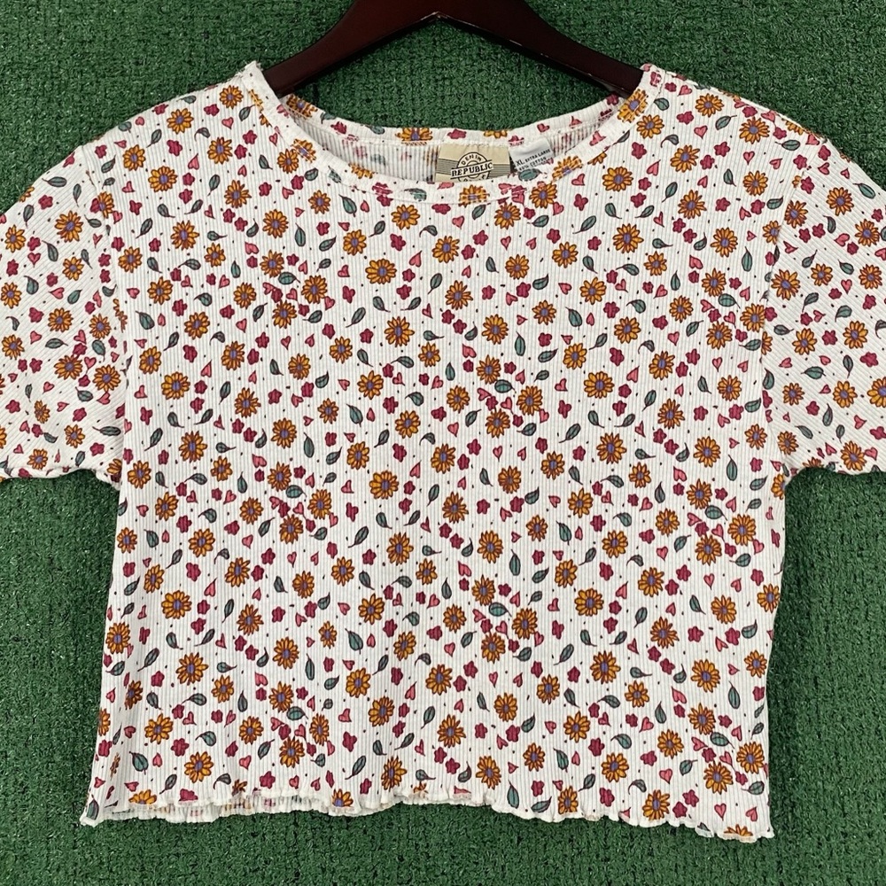 VTG 90’s Republic Denim Sunflowers Hearts Ribbed Cropped Top Women’s SZ Small